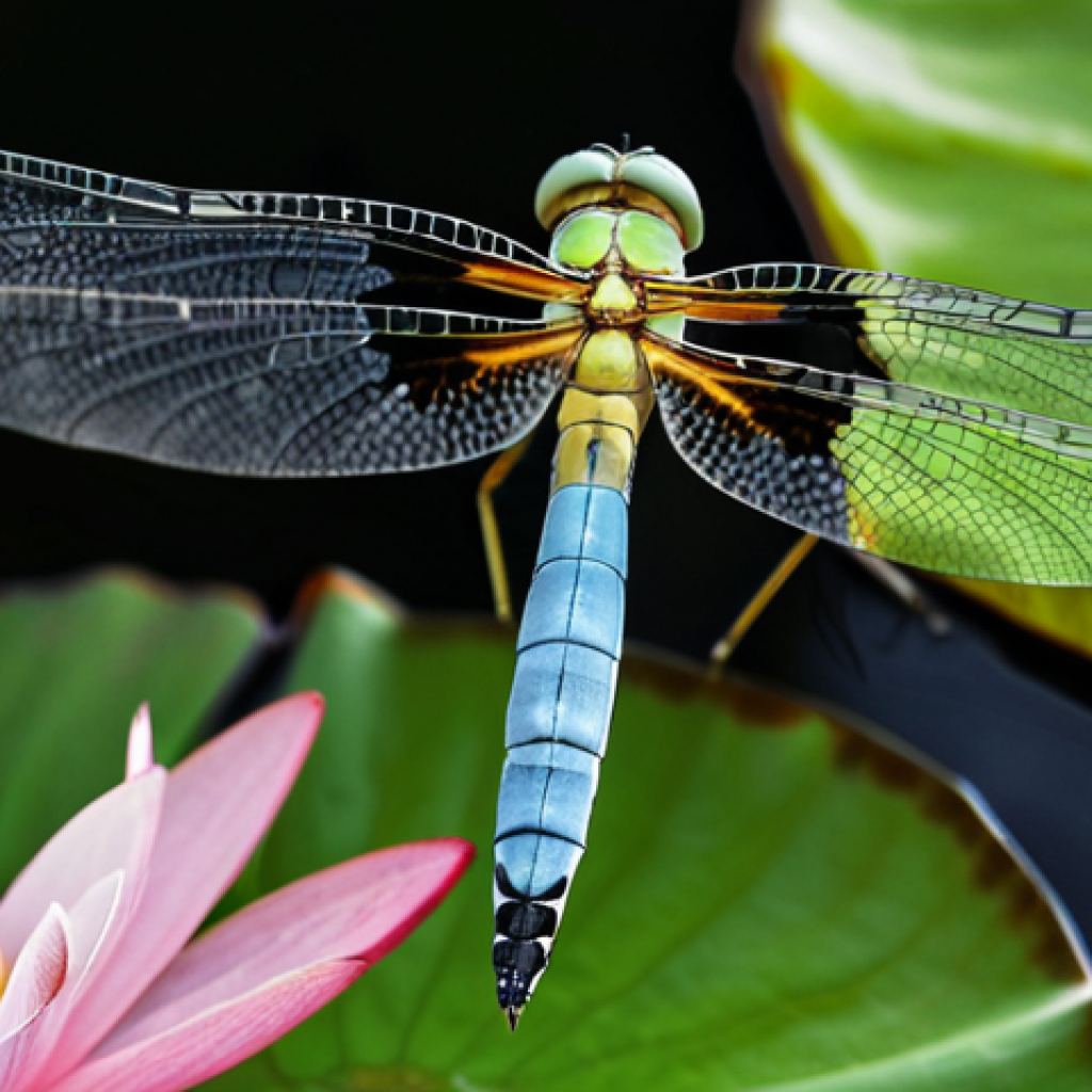**A close-up, macro photograph of a dragonfly in flight over a lotus pond, focusing on its compound eyes with hundreds of ommatidia. The background should be slightly blurred to emphasize the dragonfly. The image should subtly hint at the UV patterns visible on the water lilies.**