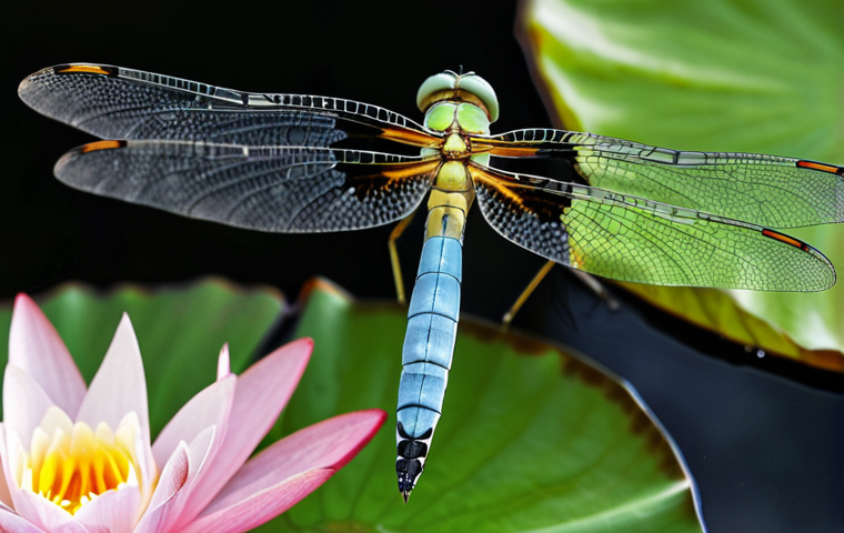 **A close-up, macro photograph of a dragonfly in flight over a lotus pond, focusing on its compound eyes with hundreds of ommatidia. The background should be slightly blurred to emphasize the dragonfly. The image should subtly hint at the UV patterns visible on the water lilies.**