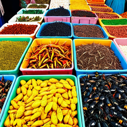 Home 18 **Colorful insect market in Vietnam:** Depict a bustling market scene in Vietnam filled with vendors selling various colorful insects, beetles, and possibly spiders in small enclosures. Focus on the vibrancy and diversity of the insects and the traditional market atmosphere.
