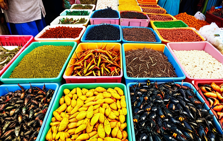**Colorful insect market in Vietnam:** Depict a bustling market scene in Vietnam filled with vendors selling various colorful insects, beetles, and possibly spiders in small enclosures. Focus on the vibrancy and diversity of the insects and the traditional market atmosphere.