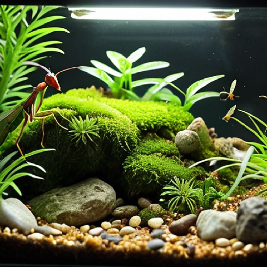 **

A vibrant terrarium filled with lush greenery, including moss, small plants, twigs, and small rocks. Show several insects clearly visible such as a praying mantis perched on a branch waiting to ambush its prey, some crickets hidden among the vegetation, and a few ants exploring the soil. Focus on creating a sense of a miniature, thriving ecosystem. Lighting is soft and diffused, highlighting the textures of the plants and insects.

**