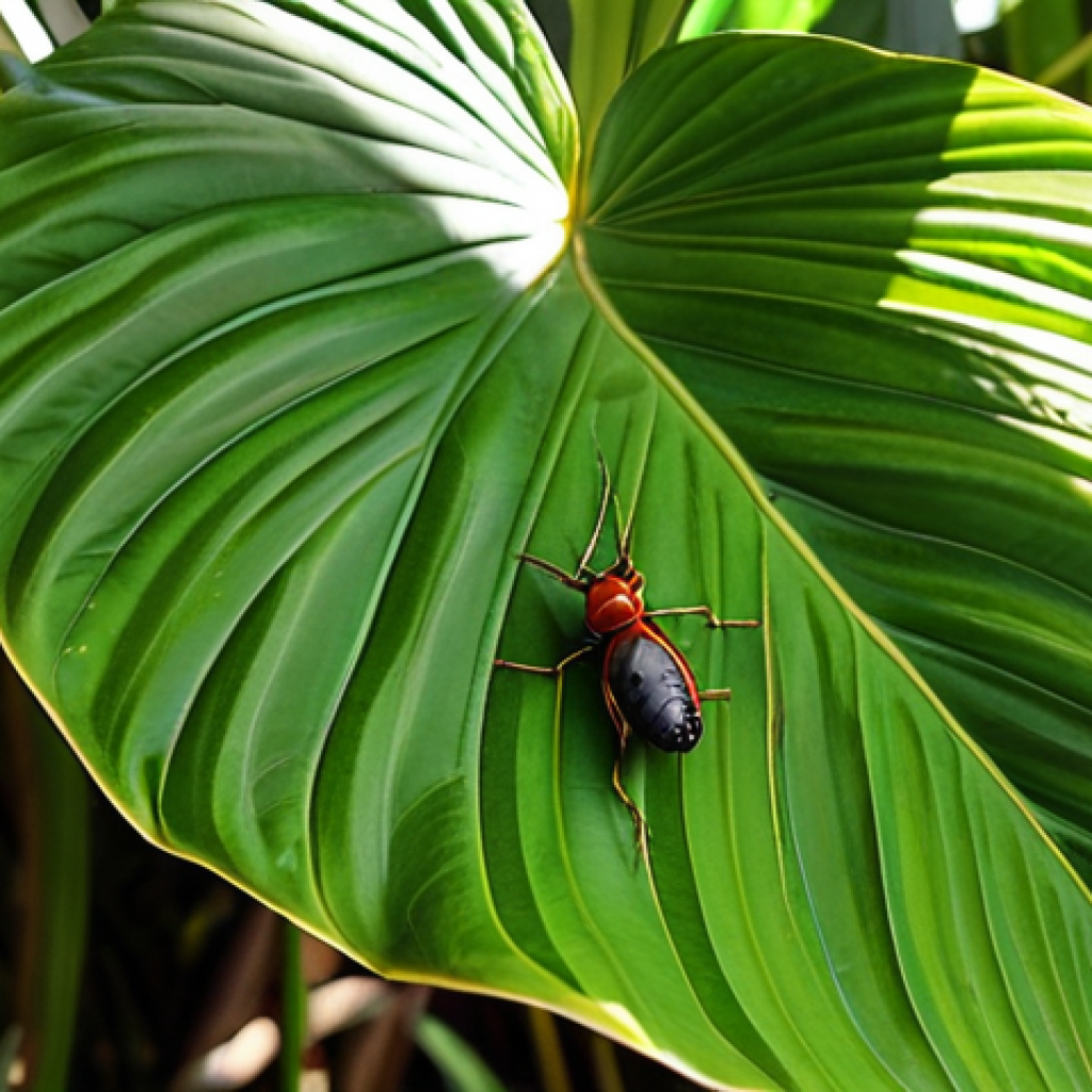 **

A close-up shot of insects clustered under a large, green tropical leaf, seeking shade on a hot, sunny day in Vietnam. The insects should be various types common to Vietnam, like ants, beetles, or small butterflies. Focus on the contrast between the bright sunlight and the cool shade under the leaf, highlighting the insects' behavior of seeking shelter from the heat.

**