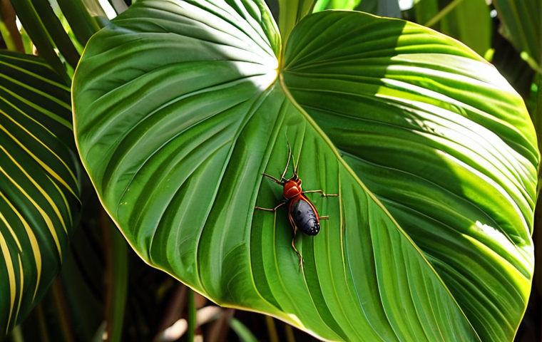 **
A close-up shot of insects clustered under a large, green tropical leaf, seeking shade on a hot, sunny day in Vietnam. The insects should be various types common to Vietnam, like ants, beetles, or small butterflies. Focus on the contrast between the bright sunlight and the cool shade under the leaf, highlighting the insects' behavior of seeking shelter from the heat.
**