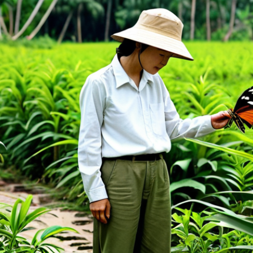 Home 19 **
A Vietnamese entomologist, fully clothed in field attire (khaki pants, long-sleeved shirt, hat), examining a vibrant butterfly (like a *Troides helena*) on a flowering plant in the Mekong Delta. Lush green vegetation background. Perfect anatomy, correct proportions, natural pose. Safe for work, appropriate content, professional, modest, family-friendly. High quality photo.
**
