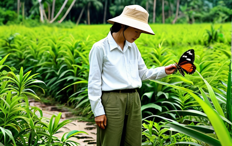 **
A Vietnamese entomologist, fully clothed in field attire (khaki pants, long-sleeved shirt, hat), examining a vibrant butterfly (like a *Troides helena*) on a flowering plant in the Mekong Delta. Lush green vegetation background. Perfect anatomy, correct proportions, natural pose. Safe for work, appropriate content, professional, modest, family-friendly. High quality photo.
**