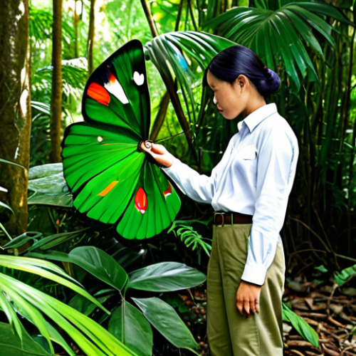 Home 18 **
"A professional photograph of a fully clothed entomologist, a Vietnamese woman in appropriate field attire (khaki pants, button-down shirt, boots), carefully examining a Queen Alexandra's Birdwing butterfly in its natural rainforest habitat. The butterfly's wings are prominently displayed, showcasing their size and patterns. Background includes lush vegetation and dappled sunlight. Safe for work, perfect anatomy, natural proportions, professional, modest, family-friendly, high resolution."
**