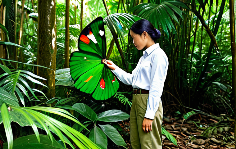 **
"A professional photograph of a fully clothed entomologist, a Vietnamese woman in appropriate field attire (khaki pants, button-down shirt, boots), carefully examining a Queen Alexandra's Birdwing butterfly in its natural rainforest habitat. The butterfly's wings are prominently displayed, showcasing their size and patterns. Background includes lush vegetation and dappled sunlight. Safe for work, perfect anatomy, natural proportions, professional, modest, family-friendly, high resolution."
**
