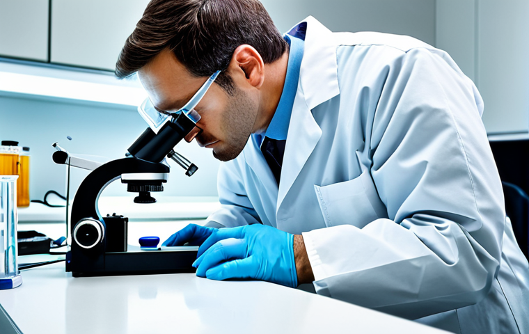 곤충 독 특징 및 활용법 - **Medical Research:** "A scientist in a clean, modern laboratory, wearing appropriate protective gea...