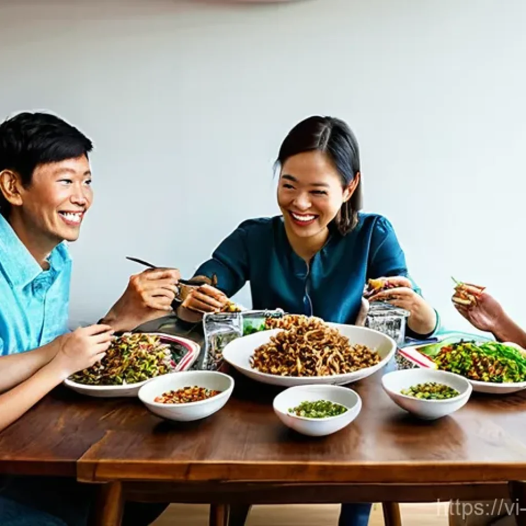 곤충과 인간의 공생 연구 - The Future Feast: A Vietnamese Family Enjoying Sustainable Insect Cuisine

**Prompt:** A modern, bri...