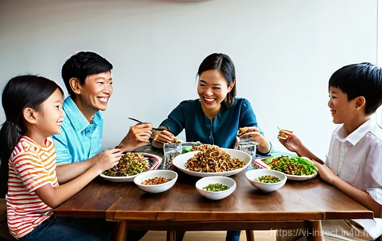 곤충과 인간의 공생 연구 - The Future Feast: A Vietnamese Family Enjoying Sustainable Insect Cuisine

**Prompt:** A modern, bri...