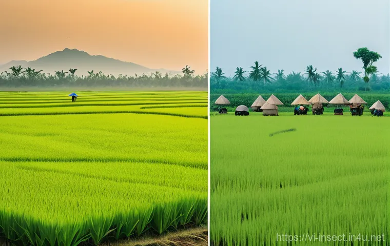 곤충 멸종 원인 분석 - Image Prompt 1: The Vanishing Buzz of the Paddy Fields**