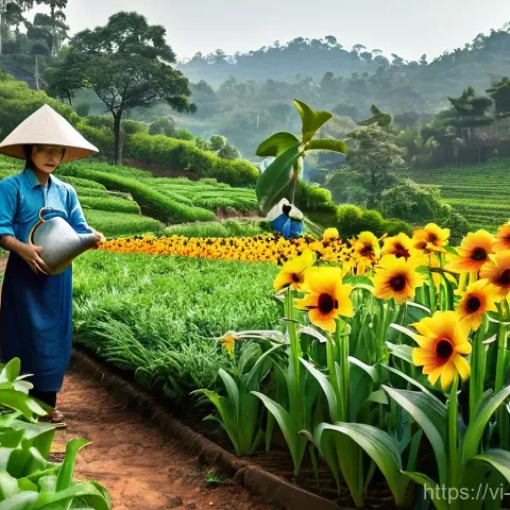 곤충 관련 환경 캠페인 - **Prompt:** A lush, vibrant organic garden in Da Lat, Vietnam, bathed in the soft glow of a morning ...