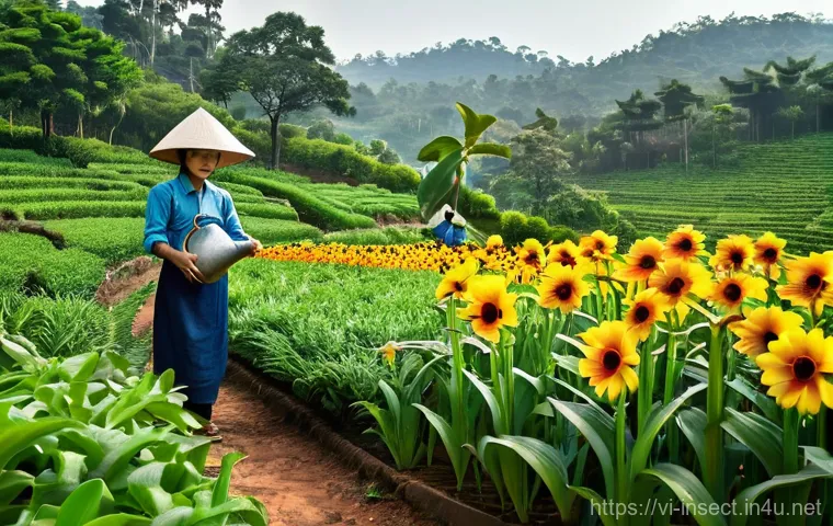 곤충 관련 환경 캠페인 - **Prompt:** A lush, vibrant organic garden in Da Lat, Vietnam, bathed in the soft glow of a morning ...