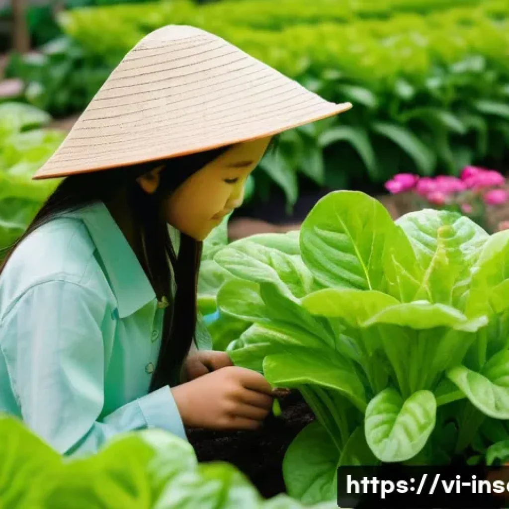 곤충이 식물에 미치는 영향 - **Prompt:** A close-up, slightly aerial view of a vibrant vegetable garden in Vietnam. Lush green le...