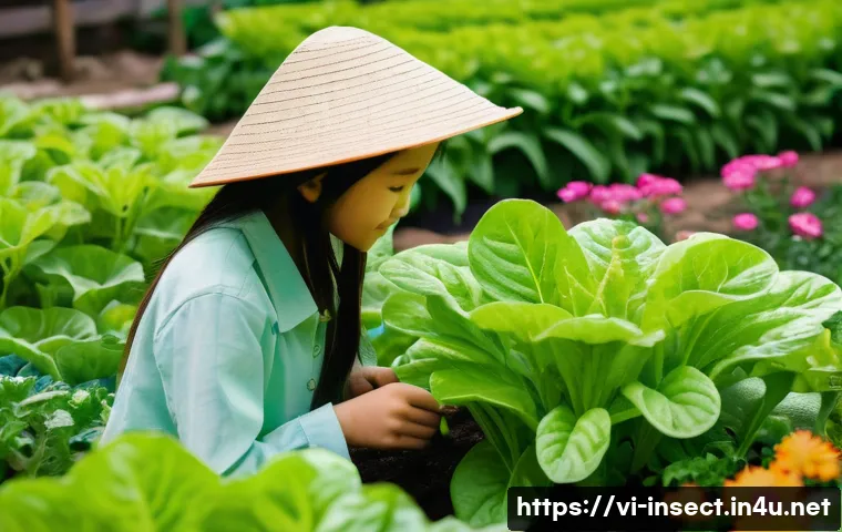 곤충이 식물에 미치는 영향 - **Prompt:** A close-up, slightly aerial view of a vibrant vegetable garden in Vietnam. Lush green le...
