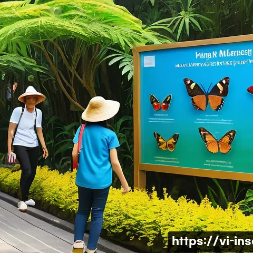 곤충 박람회 개최 장소 - A spacious outdoor insect exhibition set in a lush Vietnamese botanical garden during daytime, featu...