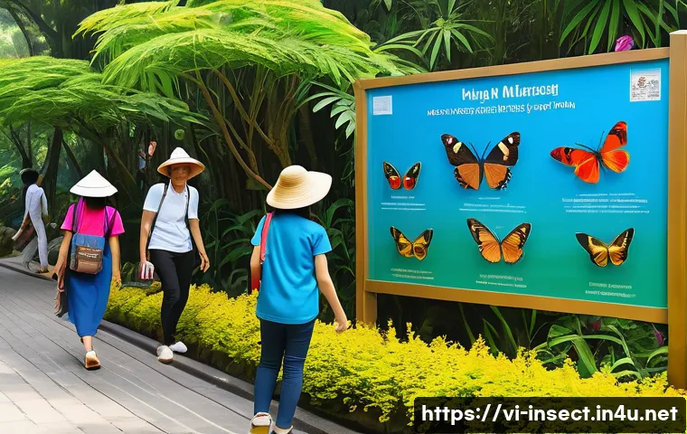 곤충 박람회 개최 장소 - A spacious outdoor insect exhibition set in a lush Vietnamese botanical garden during daytime, featu...