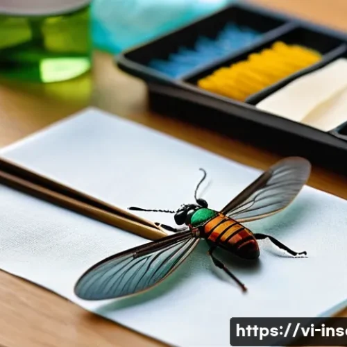 곤충 표본 제작 방법 - A detailed close-up scene of a well-organized insect specimen preparation workspace in a bright, cle...