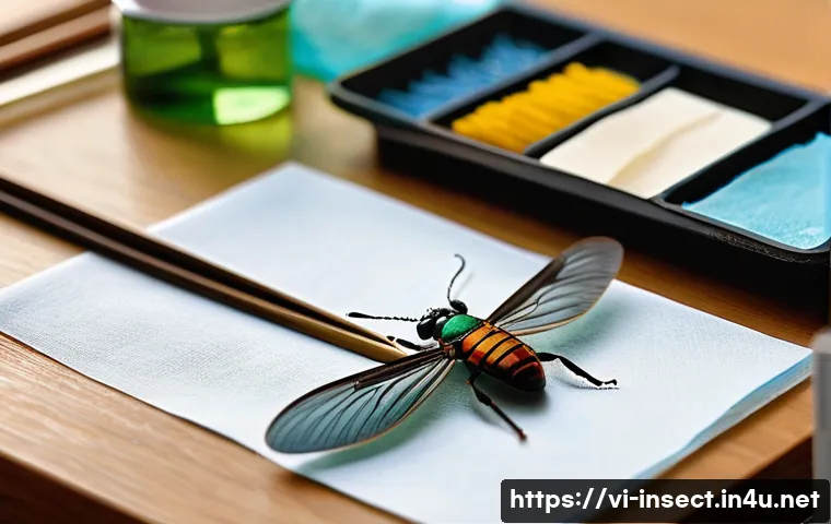 곤충 표본 제작 방법 - A detailed close-up scene of a well-organized insect specimen preparation workspace in a bright, cle...