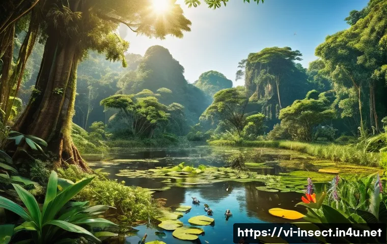 곤충 서식지 관련 법률 - A vibrant Vietnamese natural reserve scene showcasing diverse insect habitats: lush tropical forest ...