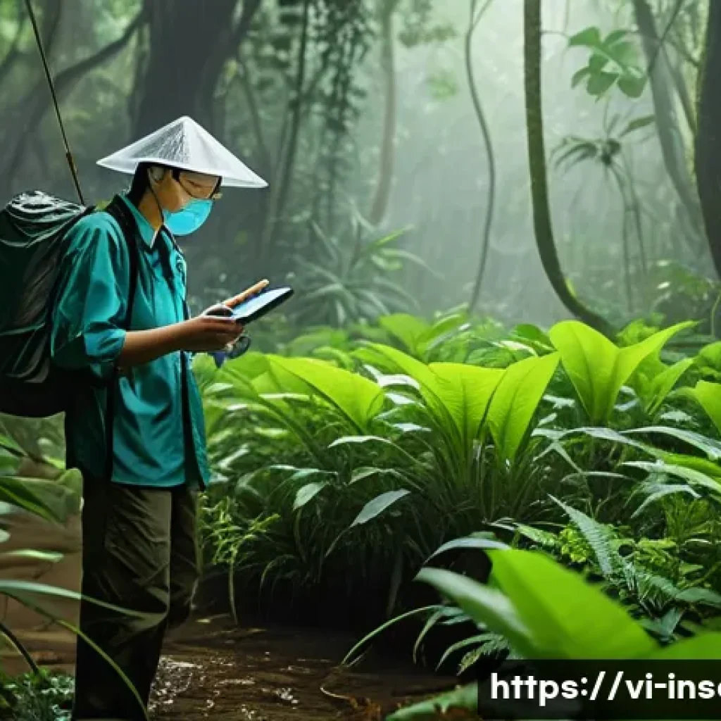 곤충 서식지 지도를 만드는 방법 - A detailed scientific field scene in a lush Vietnamese tropical forest during the rainy season, show...