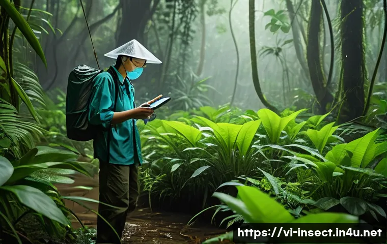 곤충 서식지 지도를 만드는 방법 - A detailed scientific field scene in a lush Vietnamese tropical forest during the rainy season, show...