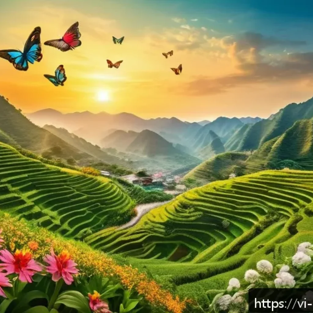 곤충의 계절적 이동 패턴 - A vibrant scene of migrating butterflies (Bướm kiếm) flying over a diverse Vietnamese landscape duri...