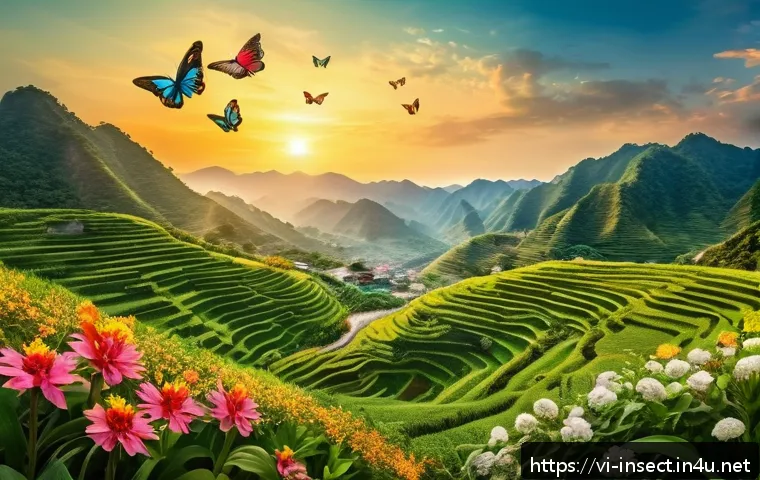 곤충의 계절적 이동 패턴 - A vibrant scene of migrating butterflies (Bướm kiếm) flying over a diverse Vietnamese landscape duri...