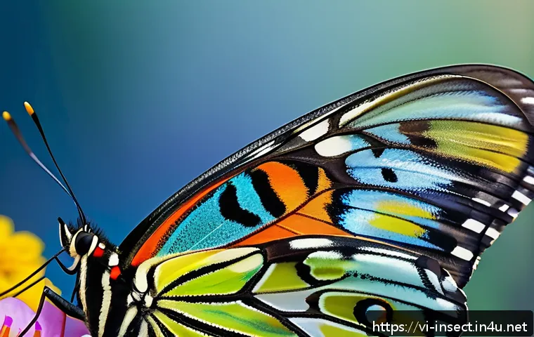 곤충을 활용한 미술 - A highly detailed close-up illustration of a butterfly’s wing showcasing intricate natural patterns ...