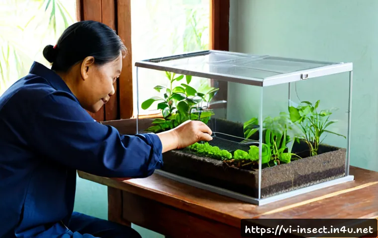 Home 17 곤충 사육장 제작 가이드 - Photorealistic Vietnamese home workshop, a middle-aged Vietnamese hobbyist assembling a clear acryli...