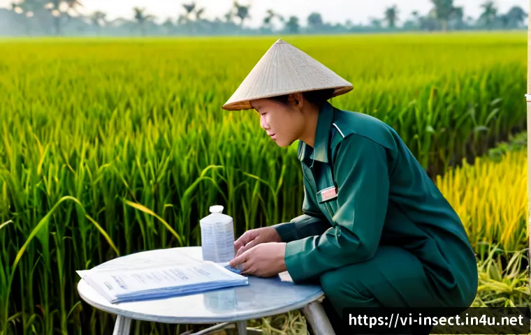 Home 17 곤충 관련 법률 및 정책 - Photorealistic Vietnamese agricultural inspector in a clean khaki field uniform examining insect tra...